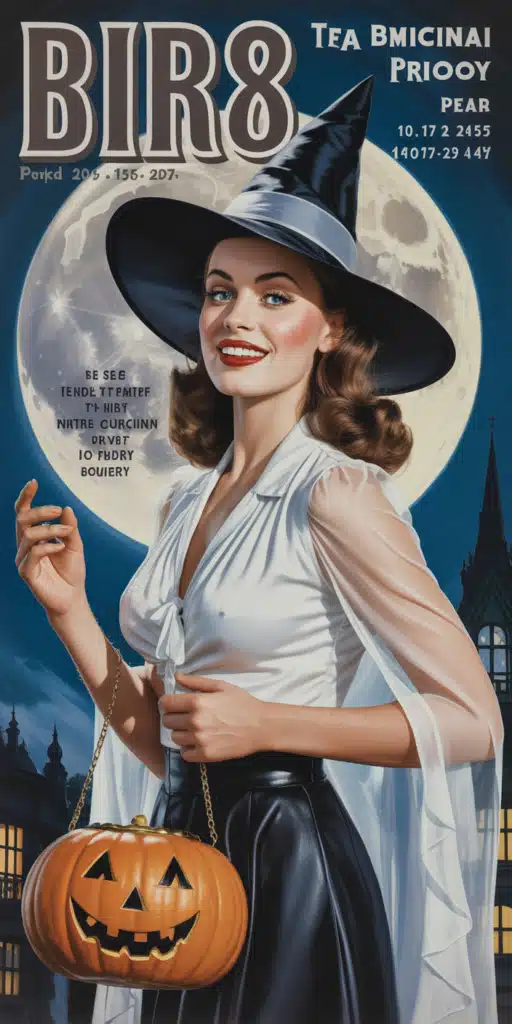 A glamorous retro witch poses under a full moon, smiling while holding a jack-o’-lantern handbag. With a 1950s pin-up vibe and a glowing moon behind her, this artwork combines retro Halloween wallpaper style with playful Halloween flair. The dramatic sky, bold contrast, and vintage typography give this a timeless, magazine-cover aesthetic. Ideal for anyone looking for a stylish and Halloween wallpaper cute design with spooky charm.