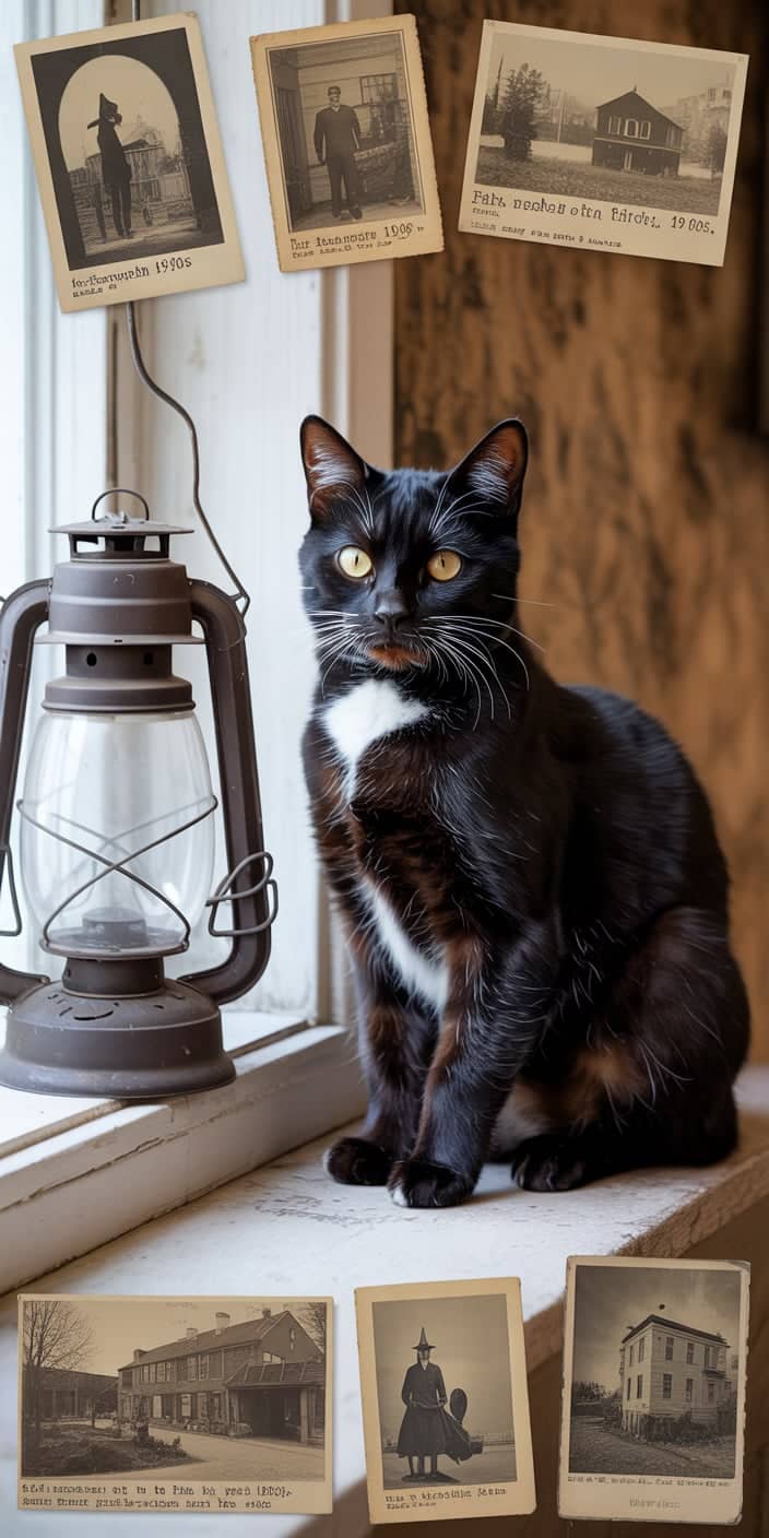 A mysterious black cat with golden eyes sits beside an antique lantern on a windowsill, surrounded by sepia-toned vintage photographs from the early 1900s. The scene radiates nostalgic charm with its retro textures and Halloween undertones, making it perfect for lovers of vintage Halloween art and Halloween wallpaper backgrounds. The warm, moody tones and historical postcard details create an eerie, old-time ambiance ideal for Halloween aesthetic wallpaper iPhone. This captivating composition adds a spooky yet elegant touch to your smartphone screen.