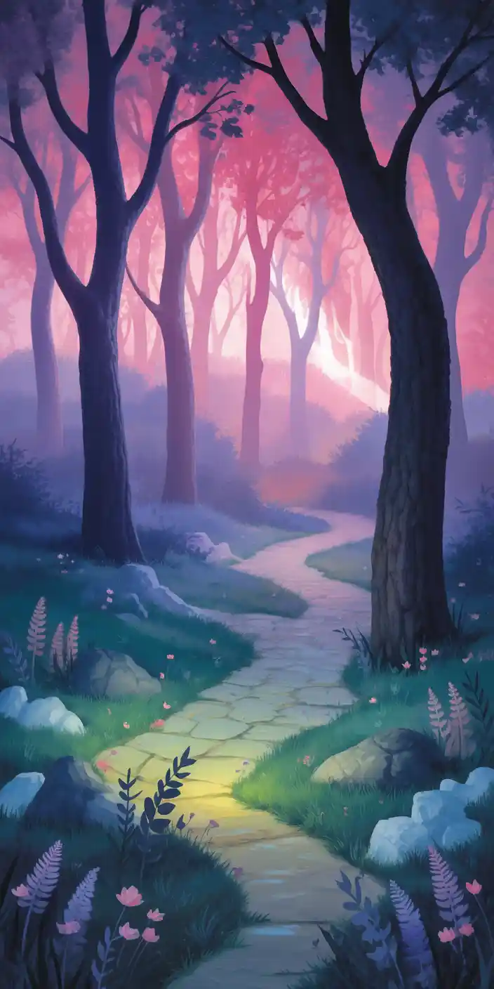 A magical forest path winds through a dreamlike woodland filled with glowing pink and purple light. The tall, shadowy trees are silhouetted against a radiant sky, while tiny flowers and moss line the soft stone trail. This wallpaper is perfect for lovers of Wallpaper Fantasy and Aesthetic Pink And Purple, offering an escape into an enchanted realm right on your iPhone screen. The mix of natural elements and fantasy colors creates a peaceful yet otherworldly vibe.