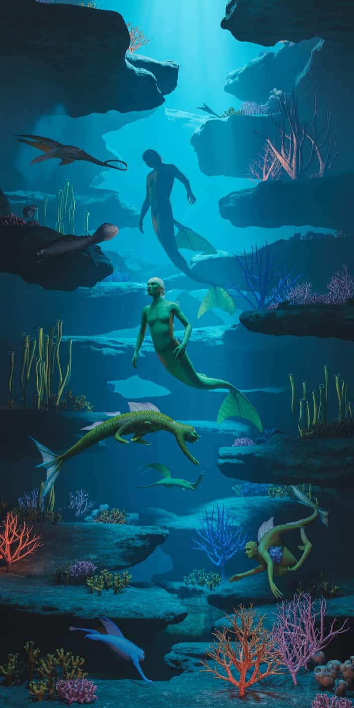 This fantasy coral wallpaper showcases mermaids gliding through an ethereal underwater cave filled with vibrant coral and sea creatures. Illuminated by glowing shafts of light, this scene is rich in tropical blues, purples, and hints of bright coral. It's an imaginative pick for anyone who loves coral wallpaper aesthetic or summer prints wallpaper, especially those who enjoy magical ocean themes on their iPhone or Samsung device.