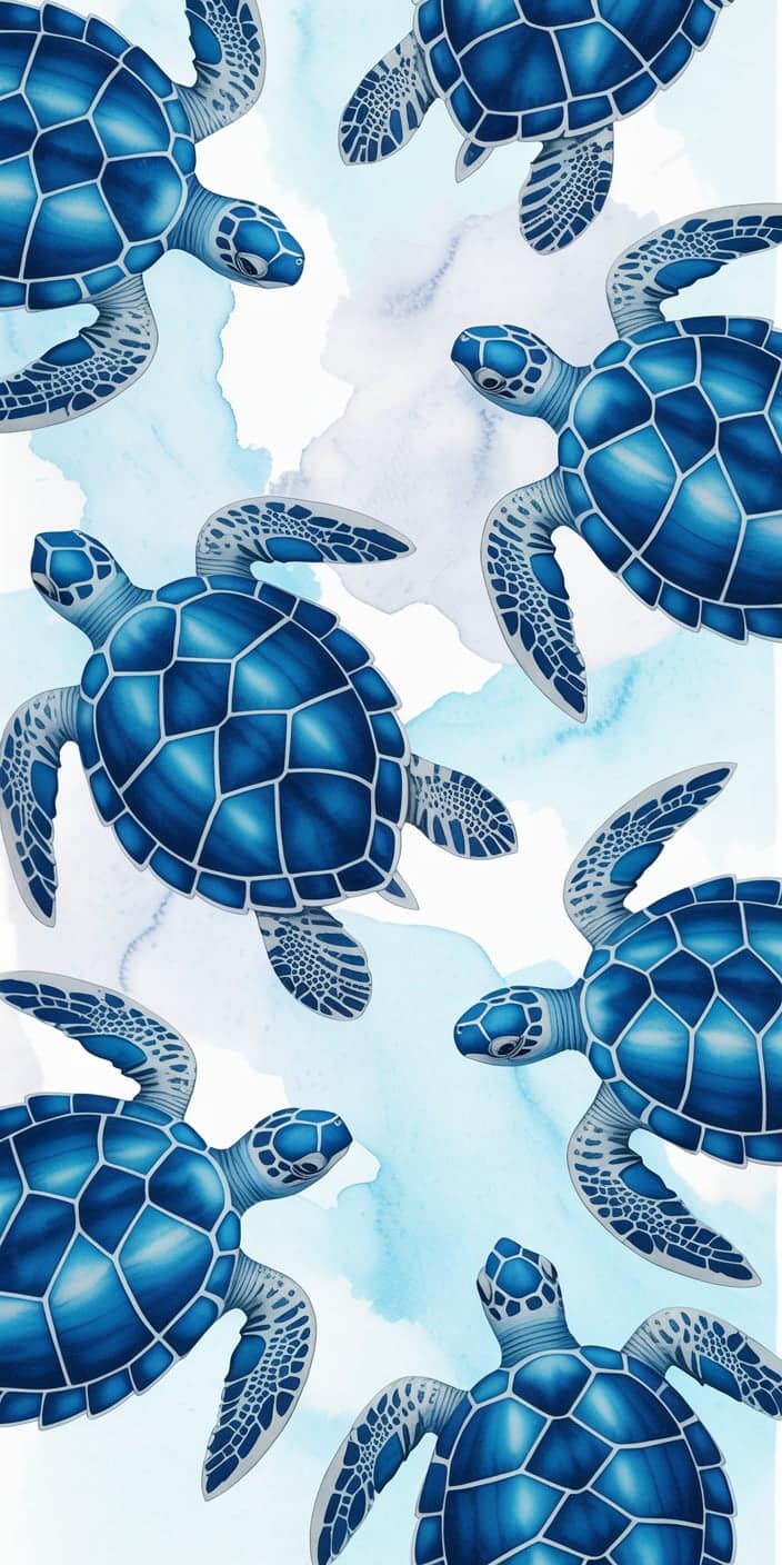 This calming turtle wallpaper showcases blue watercolor turtles swimming across a dreamy blend of cloudy white and blue background. Each turtle features soft gradients and detailed flippers, offering a tranquil and artistic look. Ideal for anyone searching for cute images for wallpaper or turtle aesthetic wallpaper, this pattern adds a peaceful ocean-inspired energy to your phone.