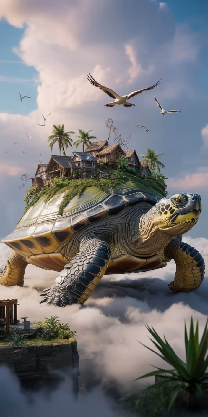 This dreamy wallpaper features a massive turtle floating gently above the clouds, carrying a village of tropical huts and palm trees on its back. Birds glide around the serene scene as soft pink and blue clouds frame the turtle's slow journey through the sky. A perfect fusion of fantasy and nature, this design fits beautifully into the themes of turtle beach aesthetic and cute turtle wallpaper laptop. Ideal for iPhone users who want a wallpaper that’s both imaginative and relaxing.