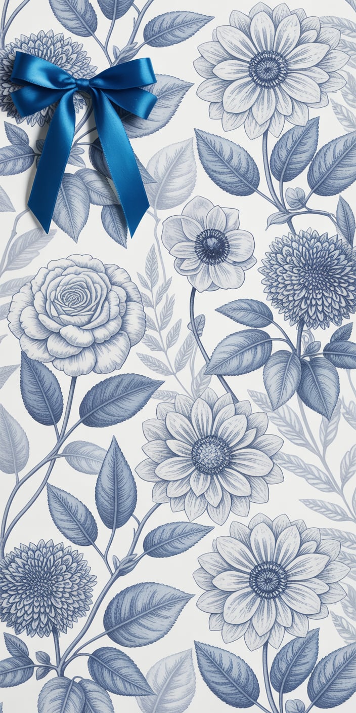 This stylish and structured floral wallpaper features intricate blue flower sketches paired with a satin bow for a pop of charm. A lovely mix of vintage and preppy, this design fits beautifully as a blue loveshackfancy wallpaper or blue coquette background for iPhone. Perfect for spring lovers who adore detail and design-forward aesthetics.