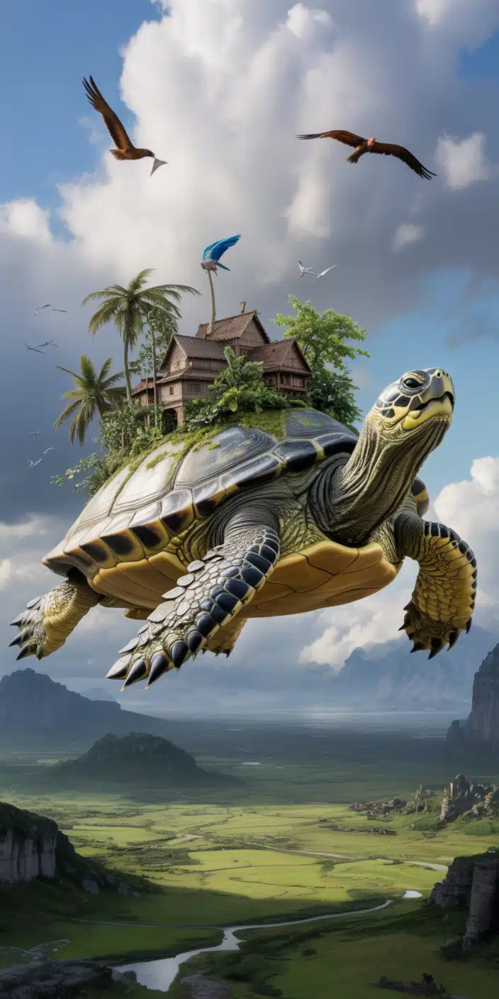 A breathtaking fantasy scene of a giant turtle flying over a lush green valley with an entire village and palm trees on its shell. Surrounded by birds soaring through dramatic clouds, this creative and surreal design blends nature, wildlife, and imagination. Perfect for those who love turtle aesthetic and want a bold, mystical background for their smartphone. This wallpaper is ideal for iPhone users who want to stand out with a unique and artistic design.