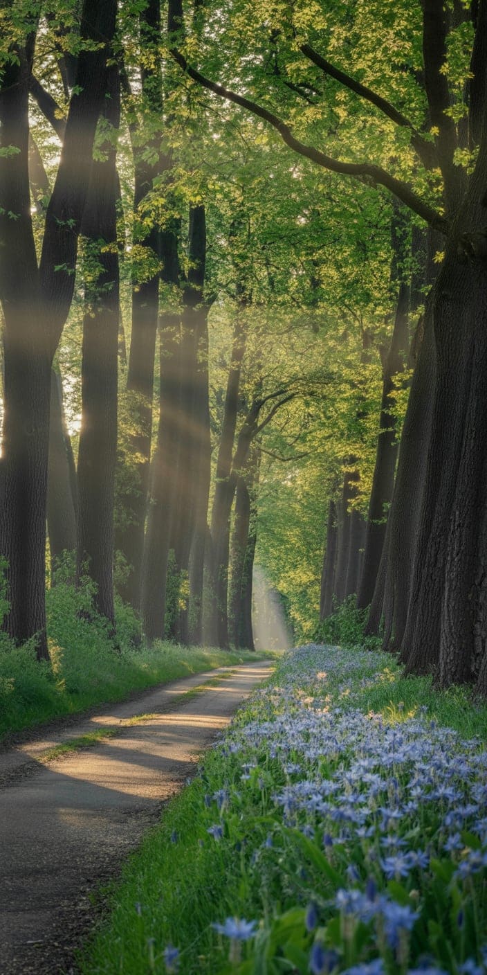 A dreamy forest path bathed in soft morning light and flanked by a stunning carpet of blue wildflowers. The light filters through the tall tree canopy, creating a peaceful and immersive spring scene. This serene blue spring aesthetic wallpaper is perfect for iPhone users seeking a calming nature vibe on their lock screen. Capture the tranquil essence of the season with this beautiful blend of nature and color.