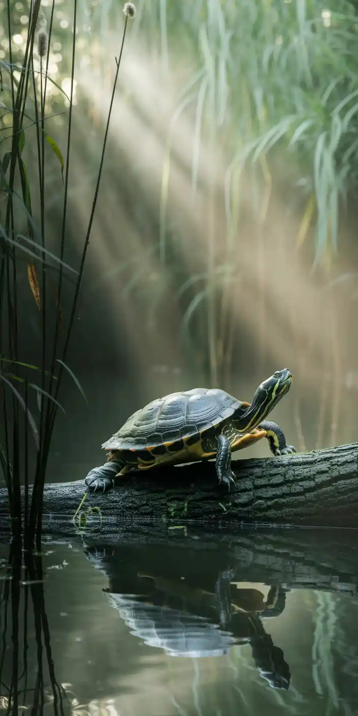 This peaceful forest turtle scene captures a turtle basking on a mossy log beneath soft sunbeams, surrounded by lush greenery and a mirrored water reflection. The image combines the natural calm of the forest with the gentle charm of this summer animal, making it ideal for those who love turtle photos and earthy turtle aesthetics. With muted greens and sunlight streaming through tall reeds, this wallpaper offers a serene and grounding background for your smartphone. Perfect for iPhone or Samsung users who want a subtle yet nature-inspired wallpaper.