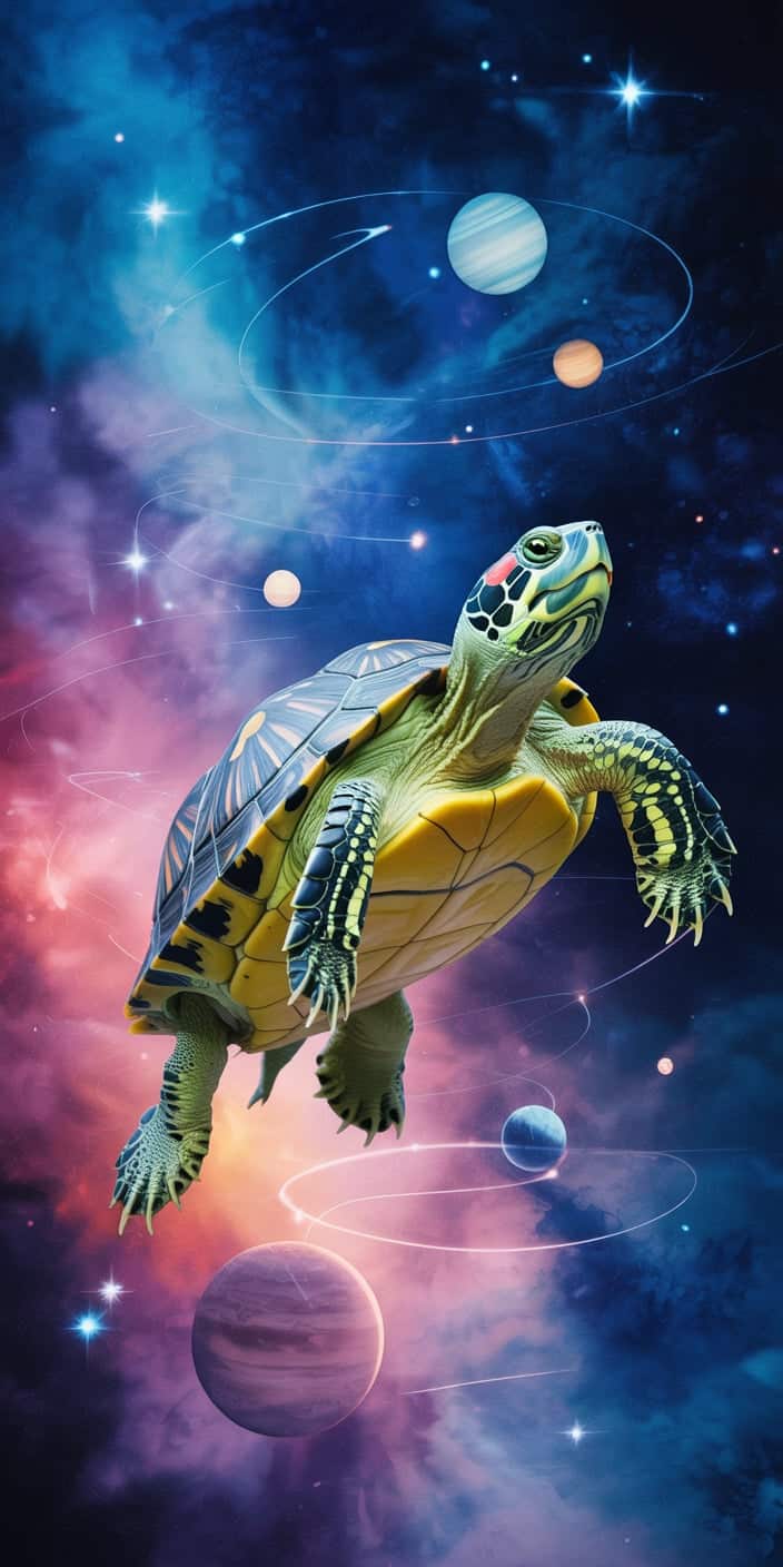This cosmic wallpaper features a sea turtle floating through a vibrant galaxy, surrounded by swirling stars and distant planets. With rich purple and blue hues, this image offers a dreamy, surreal escape into space. A perfect choice for those who love turtle aesthetic or are searching for a unique and creative turtle phone wallpaper. It’s ideal for iPhone users who want a magical and colorful screen.
