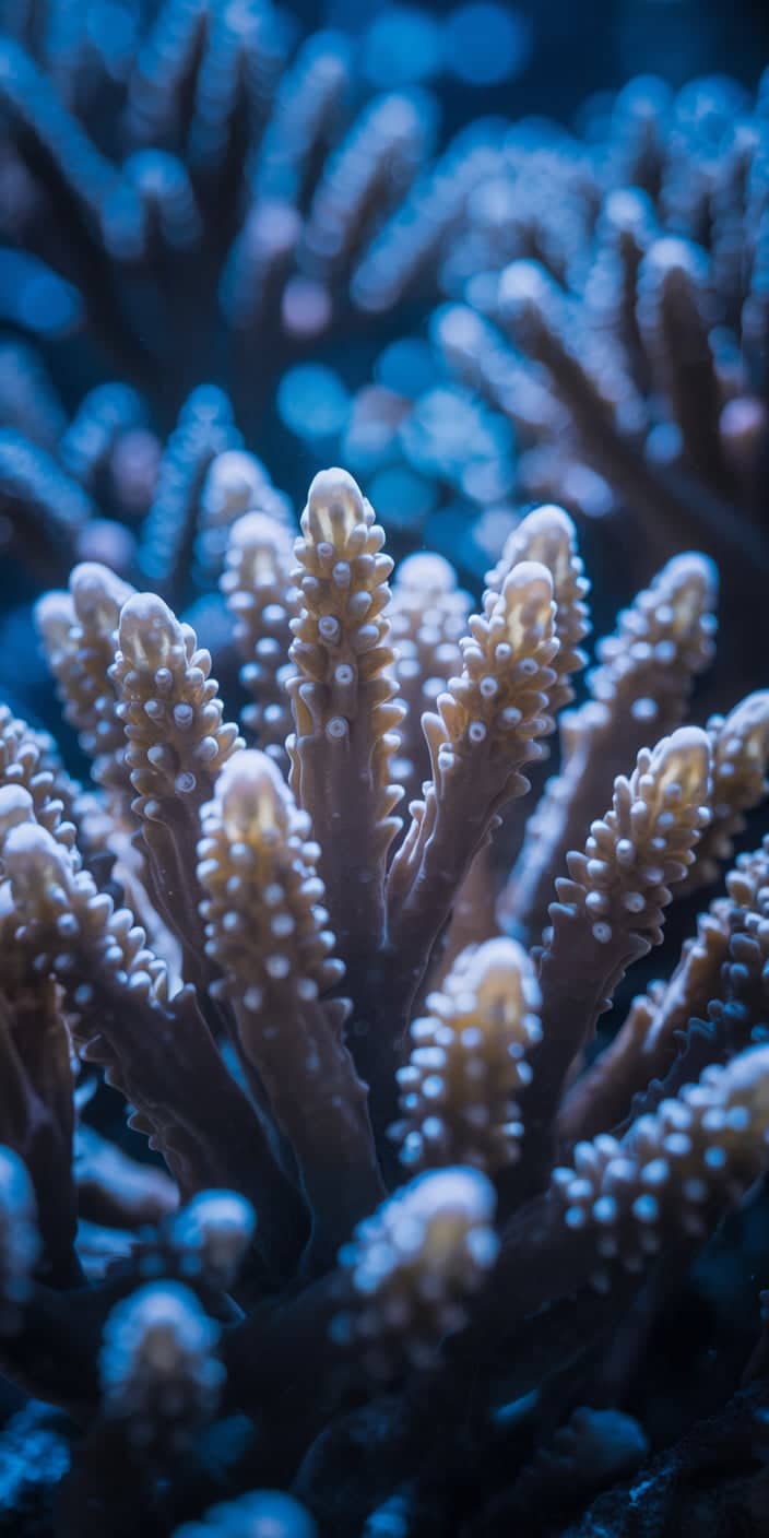 This captivating close-up showcases branching coral with glowing white tips, set against a blurred, deep-sea blue background. The intricate textures and cool tones make this a must-have for fans of coral pink aesthetic wallpaper or watercolor wallpaper iPhone designs. This high-resolution image is ideal for adding a subtle, elegant marine touch to your iPhone or Android screen.