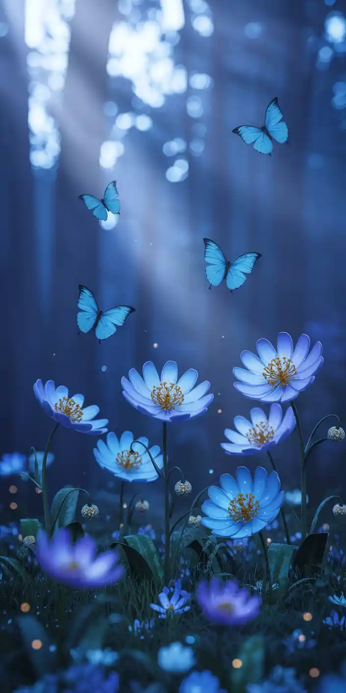 A dreamy fantasy forest filled with glowing blue flowers and soft rays of light filtering through the trees, while butterflies dance overhead. This enchanting scene blends whimsy and natural beauty, making it a magical spring wildflowers wallpaper for iPhone users. A must for fans of cute floral iPhone wallpaper or surreal, fantasy-inspired nature themes.