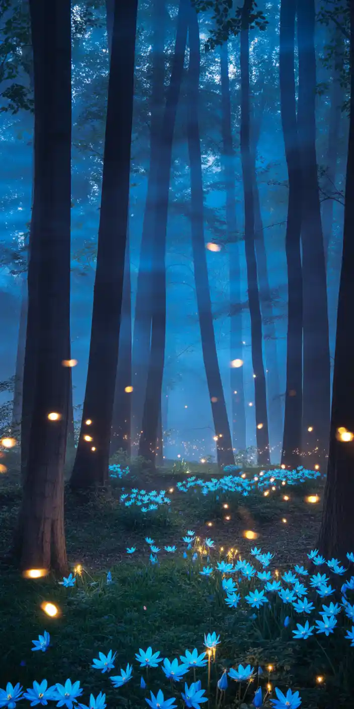 A magical forest scene bathed in deep blue hues and illuminated by glowing fireflies hovering over a bed of radiant blue wildflowers. The dreamy lighting and vivid floral color make this a captivating blue spring aesthetic wallpaper for iPhones. Perfect for anyone who loves fantasy-inspired scenery and the ethereal beauty of spring nights, this image creates a mystical mood on any smartphone screen.