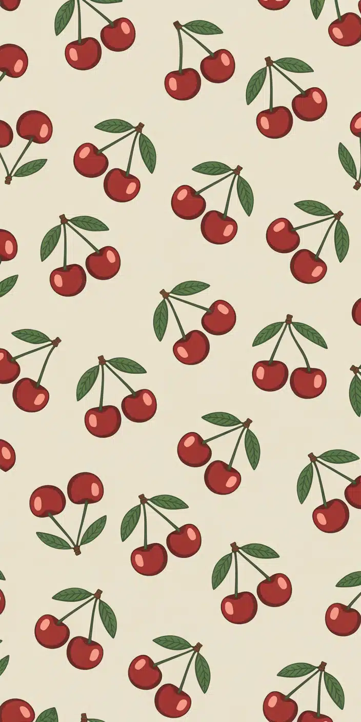 This wallpaper features playful cherry pairs with leafy stems spread out over a light cream background in a cute, cartoon-inspired style. The soft colors and whimsical layout make it an excellent cute cherries design for iPhone users. Ideal as a cherry print background or lockscreen for those who love a fun, aesthetic vibe.