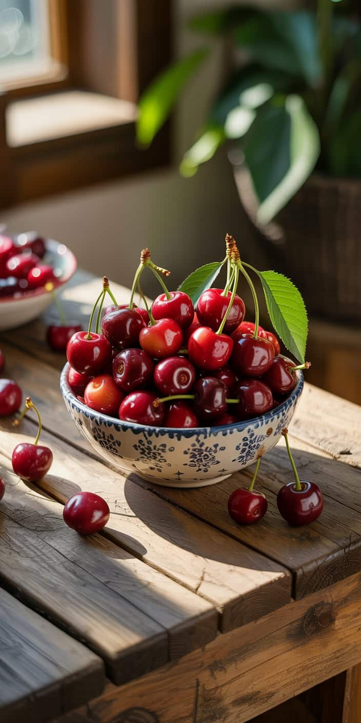 A bowl overflowing with fresh red cherries sits on a rustic wooden table, lit by warm natural sunlight. The composition captures a cozy, homey feeling, blending natural textures with the glossy appeal of ripe cherries. This image fits beautifully as a cherry phone wallpaper or cherry home screen wallpaper, adding a cheerful farm-to-table vibe to your iPhone. It’s an inviting and rich option for those who love cozy, food-themed aesthetics.