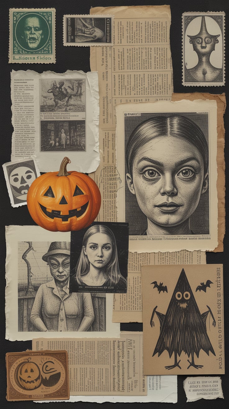This Halloween collage features eerie vintage newspaper clippings, surreal illustrations, and hand-drawn portraits surrounding a glowing jack-o’-lantern. The aged paper textures and creepy sketches create an unsettling yet artistic Halloween collage perfect for fans of retro horror. With its black-and-orange theme and layered layout, this design fits beautifully as a Halloween themed wallpaper or horror wallpaper aesthetic on any smartphone. It’s moody, nostalgic, and undeniably cool.