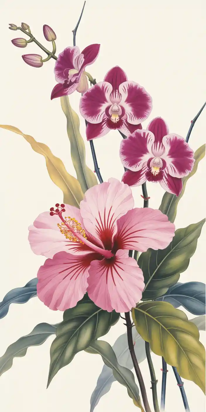 A delicate illustration of hibiscus and orchid flowers in soft shades of pink and magenta, with detailed green leaves and stems on a light background. The floral design has an elegant, natural feel that fits well with Pink Background Wallpapers Iphone and Beautiful Girly Wallpapers. This aesthetic floral wallpaper brings warmth and femininity to any smartphone screen. Ideal for users who love soft, botanical designs with a hint of sophistication.