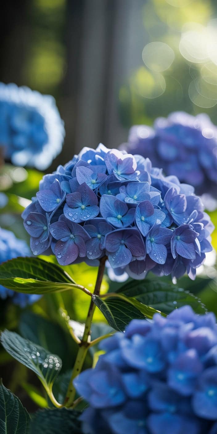 A crisp, close-up view of a vivid blue hydrangea, freshly sprinkled with dew and lit by warm morning sun. The blurred green and bokeh background enhances the richness of the flower’s cool tones, making this a perfect blue flower wallpaper iPhone. Ideal for those who love cute blue flowers and the simple beauty of garden blooms in springtime.