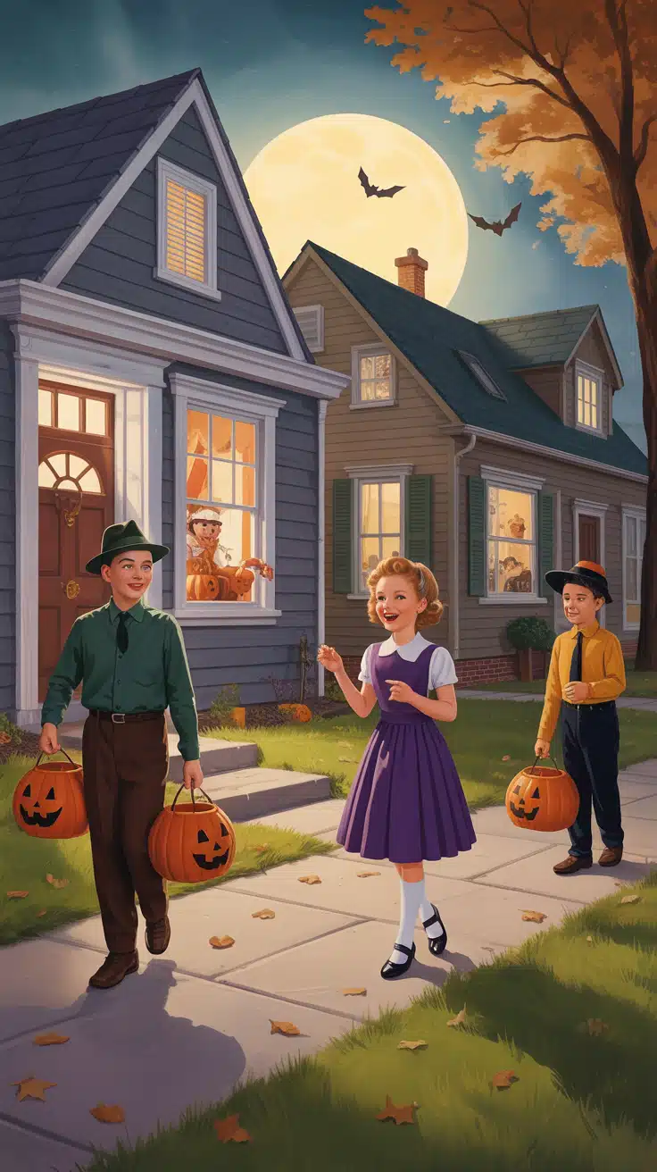 Three cheerful kids with jack-o’-lantern buckets walk through a quaint 1950s neighborhood, lit by a glowing full moon. The warm tones and joyful expressions perfectly evoke nostalgic Halloween wallpaper and childhood wonder. This charming design is perfect for 90s Halloween aesthetic wallpaper fans who crave a sweet, retro Halloween night on their iPhone screen.
