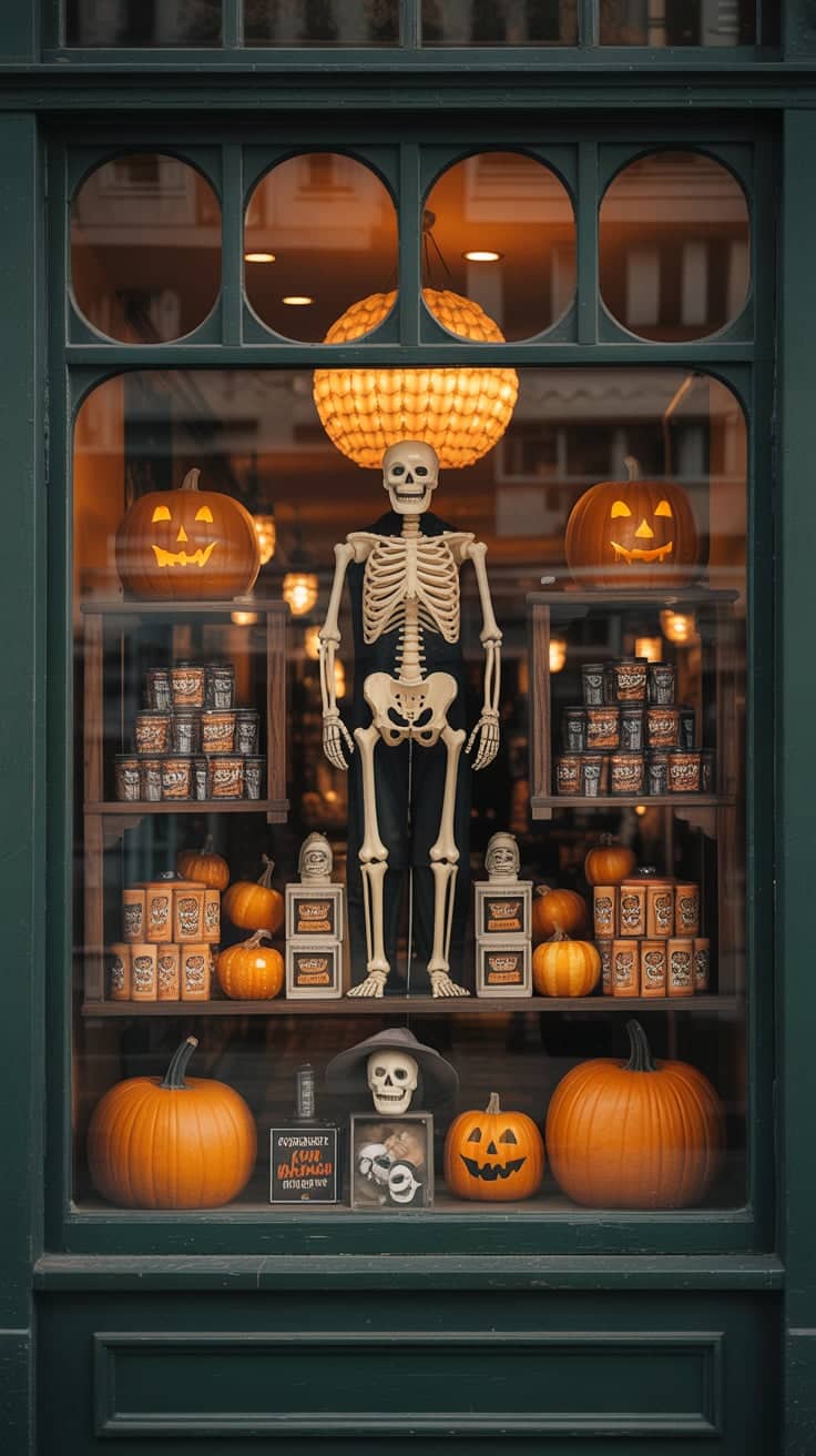 Two standing skeletons and grinning jack-o’-lanterns decorate a vintage storefront window, complete with Halloween-themed merchandise and warm ambient lighting. This playful and eerie setup captures the essence of Halloween wallpaper backgrounds vintage and downtown shop nostalgia. It’s ideal for anyone wanting a charming seasonal scene on their phone, especially if they love the intersection of fall retail and spooky fun.