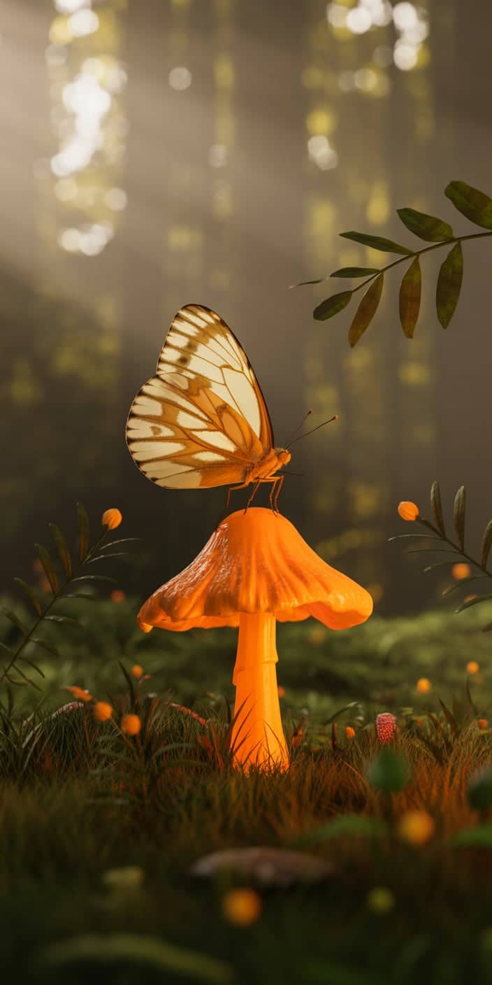 A charming forest scene with an orange mushroom illuminated by soft sunlight, featuring a delicate butterfly perched on top. This serene design is perfect for those who love whimsical details and nature-inspired themes. It fits beautifully under cute orange background, soft orange aesthetic wallpaper, and even oranges wallpapers fruit for its natural yet playful feel. Ideal for iPhones looking for gentle forest vibes.