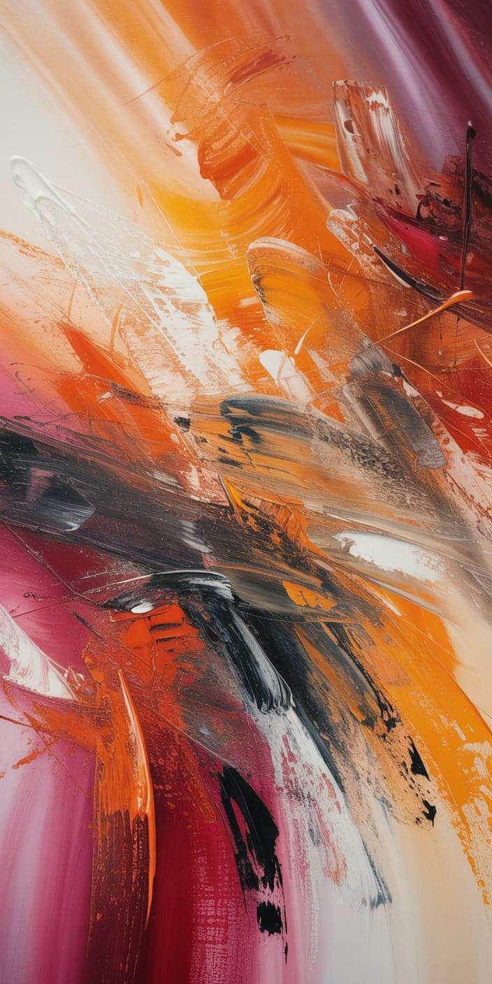 Vibrant strokes of orange, white, black, and plum purple sweep across the canvas in this expressive abstract painting. The rich textures and dynamic color palette make it perfect for a bold orange aesthetic or bright minimalist wallpaper style. This unique and energetic wallpaper is ideal for iPhones, bringing a gallery-worthy aesthetic right to your screen.