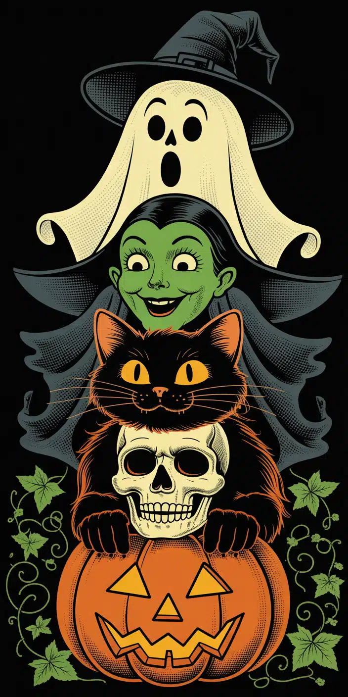 This bold Halloween stack design features a wide-eyed ghost in a witch hat, a grinning green witch, a playful black cat, a spooky skull, and a carved pumpkin at the base—all set against a black background. The bold outlines and vintage color palette make it perfect for fans of retro Halloween wallpaper and 90s Halloween aesthetic wallpaper. This vertical design pops on iPhone screens for an edgy seasonal vibe.