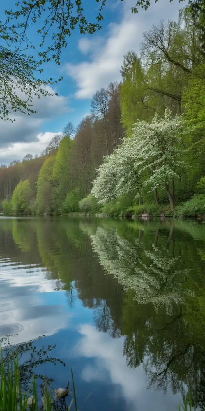 A serene spring lake reflects blooming white trees and a bright blue sky, creating a mirror-like scene full of balance and tranquility. Surrounded by budding green trees and soft clouds, this blue spring wallpaper evokes freshness and renewal. Ideal for iPhones, this peaceful landscape is great for those who enjoy coastal iPhone wallpaper or tranquil spring flower wallpaper iPhone designs.