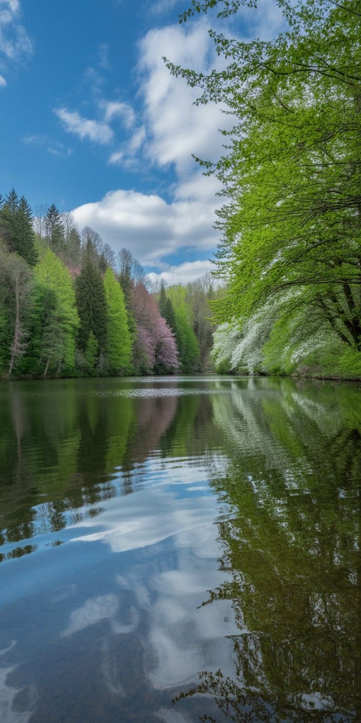 A crystal-clear lake reflects the vibrant greens and soft pink and white blossoms of a spring forest under a radiant blue sky. The scene captures the balance of stillness and renewal that defines the season, making it a peaceful and visually rich blue spring wallpaper. Perfect for iPhone users who appreciate tranquil coastal iPhone wallpaper vibes with seasonal detail and vibrant reflections.