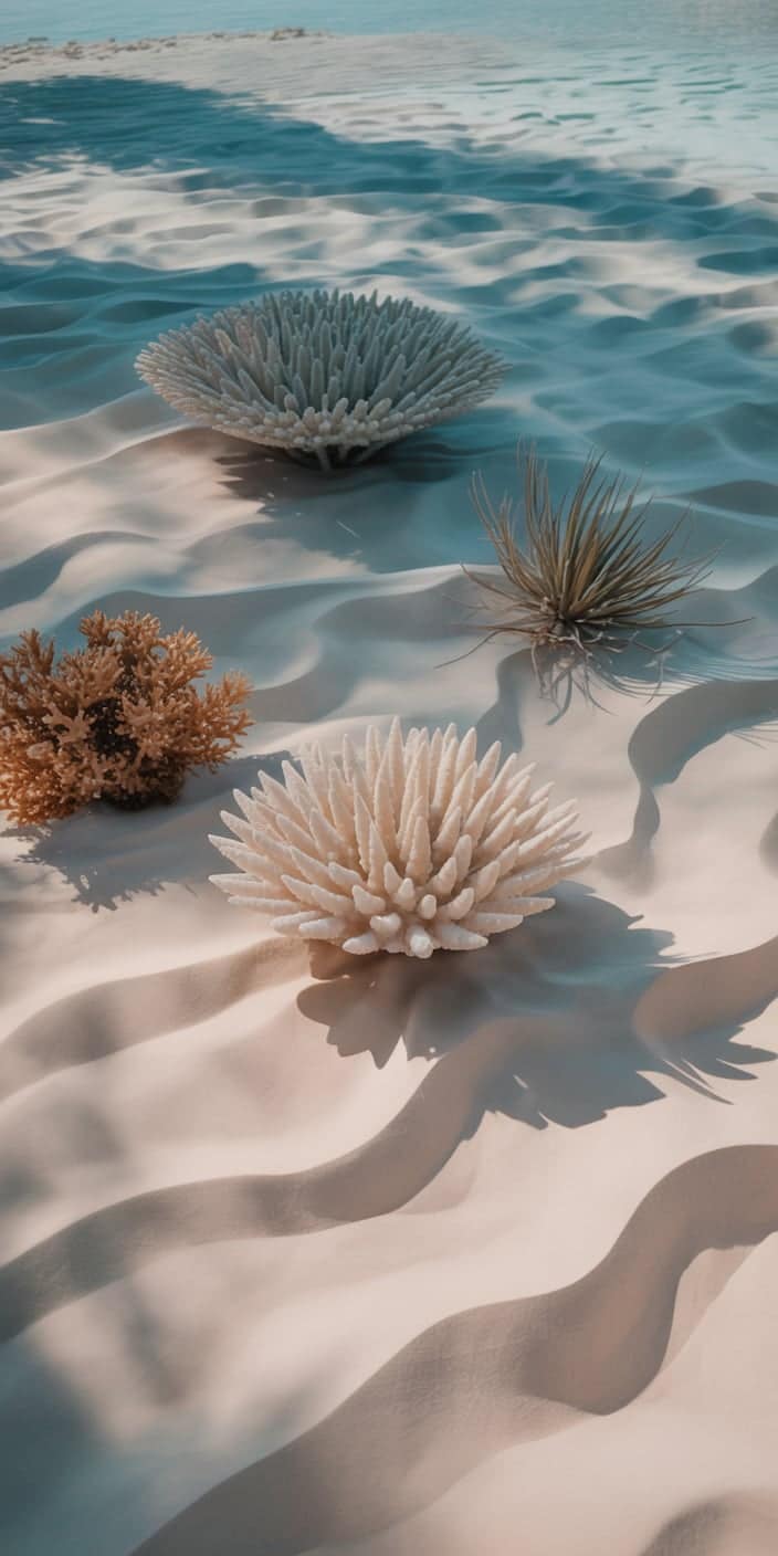 This serene beach scene features various types of coral delicately arranged on sunlit sand, with rippling textures mimicking gentle ocean waves. With soft shadows and a soothing color palette of cream, tan, and blue, this image evokes a relaxed summer aesthetic. It’s perfect as a coral aesthetic wallpaper or summer prints wallpaper for iPhones and Android devices. This calming layout offers a blend of seaside nature and minimalism.