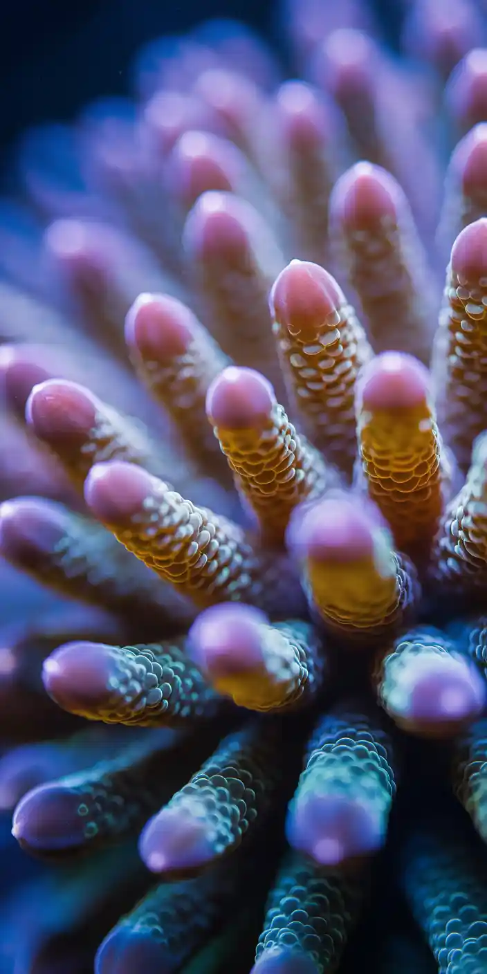 This macro coral wallpaper showcases an incredibly close-up view of coral polyps with iridescent purple tips and golden yellow stems. The image is bathed in soft oceanic blues and purples, giving it a dreamy, underwater glow. Ideal for those seeking a coral pink aesthetic wallpaper or a coral wallpaper iPhone, this high-resolution image captures the delicate structure and vibrant colors of ocean life. It brings a mesmerizing, almost surreal energy to your phone screen.