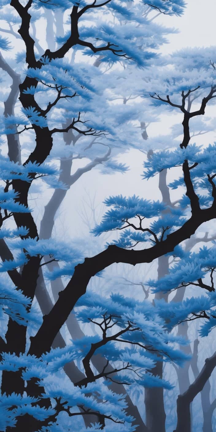 A dramatic scene of black tree trunks layered in dense fog, contrasted by striking blue foliage that gives the forest a surreal and painterly quality. This image feels both elegant and mysterious—perfect for those drawn to a modern, moody blue spring aesthetic wallpaper. A unique choice for iPhone backgrounds that blends bold color with a quiet, contemplative vibe.