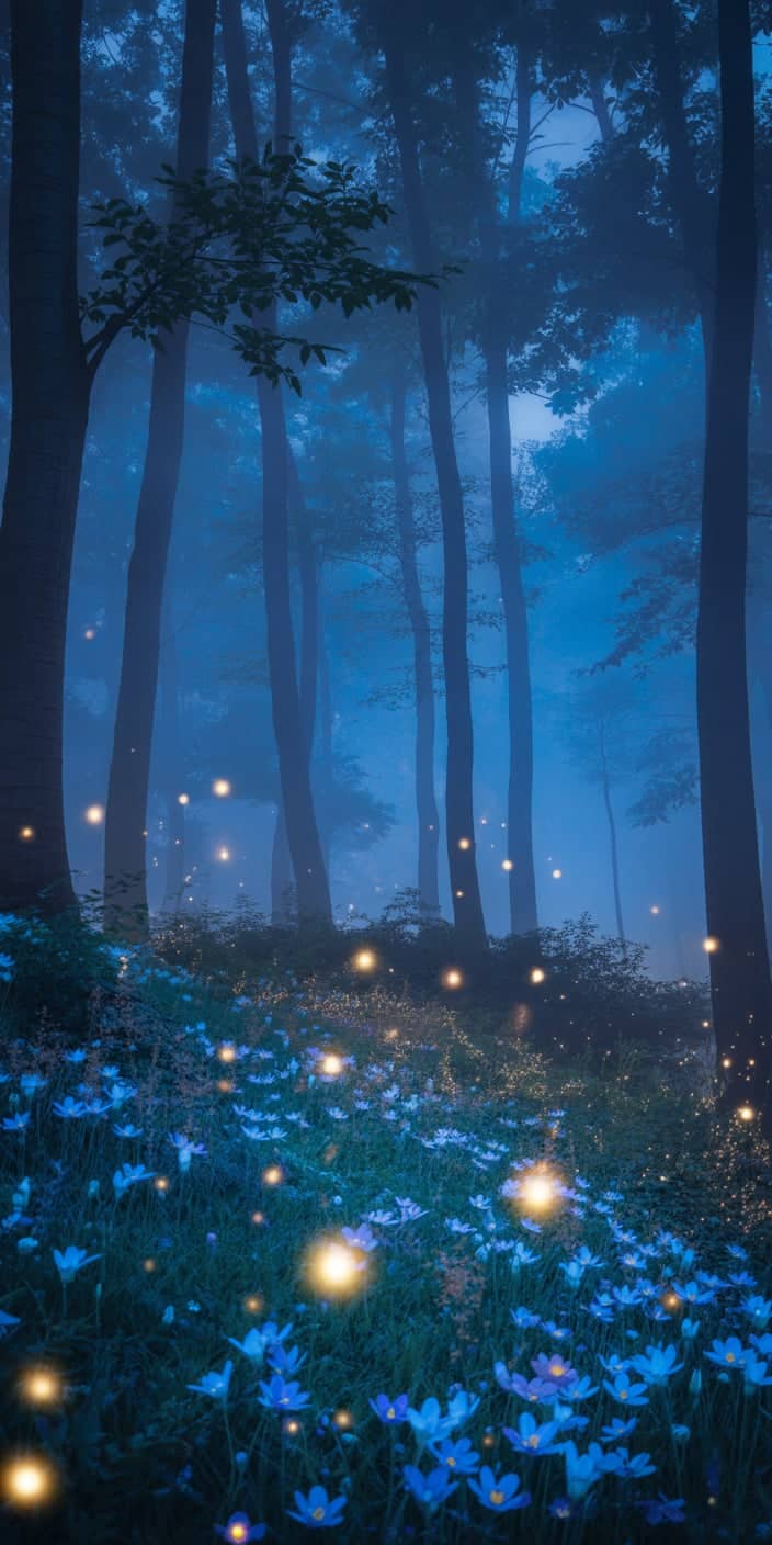 An ethereal blue forest under soft mist, lit by twinkling fireflies and blanketed in glowing blue flowers. This calming fantasy landscape perfectly captures a quiet spring night, ideal for fans of blue coquette background or blue spring aesthetic wallpaper themes. Whether you're looking for mystery, beauty, or just a peaceful escape, this wallpaper brings all the charm of a magical meadow to your phone.