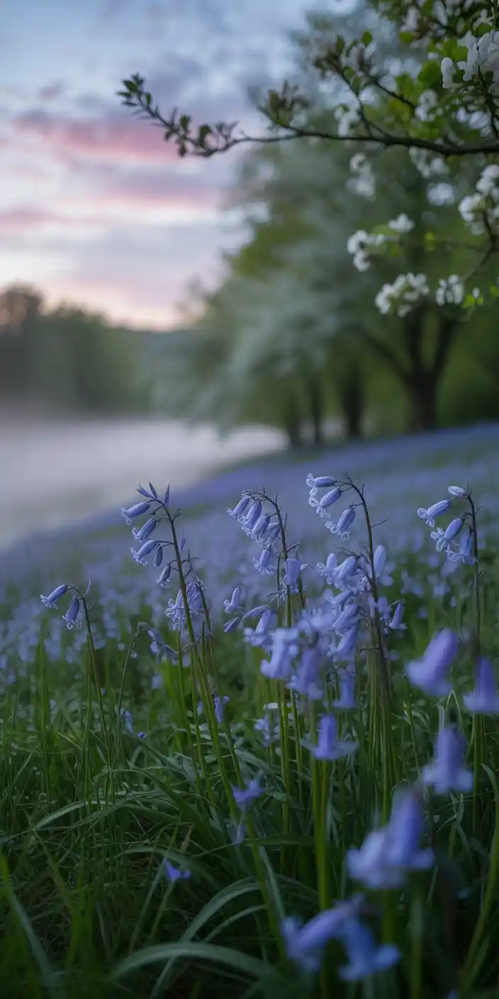 This serene spring meadow is blanketed in delicate bluebells, kissed by morning mist and framed by flowering trees under a soft pastel sunrise. The scene captures a gentle and romantic start to a spring day, perfect as a spring wildflowers wallpaper or blue spring wallpaper for iPhone users. Its calming color palette and dreamy light make it a timeless nature escape for your lock screen.