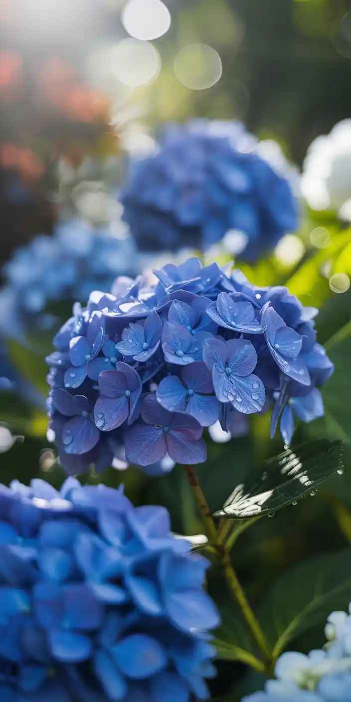 A stunning close-up of fresh blue hydrangeas sparkling with morning dew in the soft glow of sunlight. The rich blues and soft bokeh effect create a deeply immersive blue flower wallpaper iPhone that’s vibrant yet calming. A beautiful way to bring cute blue flowers and floral elegance into your iPhone’s spring setup.