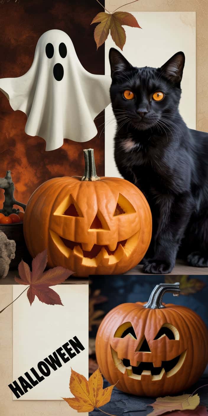 A charming Halloween collage features a black cat with bright amber eyes, a ghost with a playful expression, and two smiling jack-o’-lanterns. Surrounded by falling autumn leaves and muted textures, this image gives off a cozy yet spooky vintage Halloween aesthetic wallpaper vibe. Ideal for fans of Halloween wallpaper iPhone and nostalgic Halloween scenes, it adds a spirited and whimsical energy to your phone.