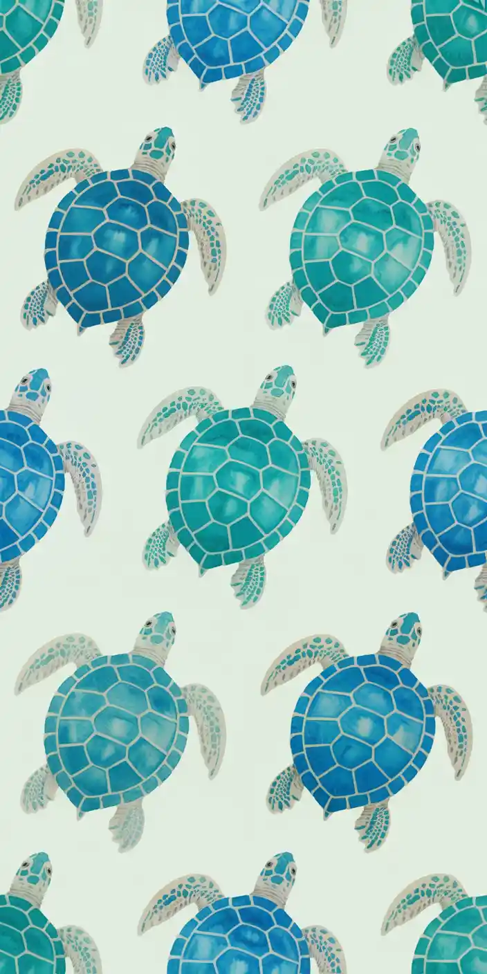 A colorful collection of watercolor sea turtles in teal, blue, and green float across a pale background in this repeating pattern. It has a playful and artistic vibe, perfect for anyone who loves summer prints wallpaper or turtle collage. The cheerful color palette and symmetrical layout make it great for iPhones and other smartphones, especially for younger users who love fun, aesthetic wallpapers.