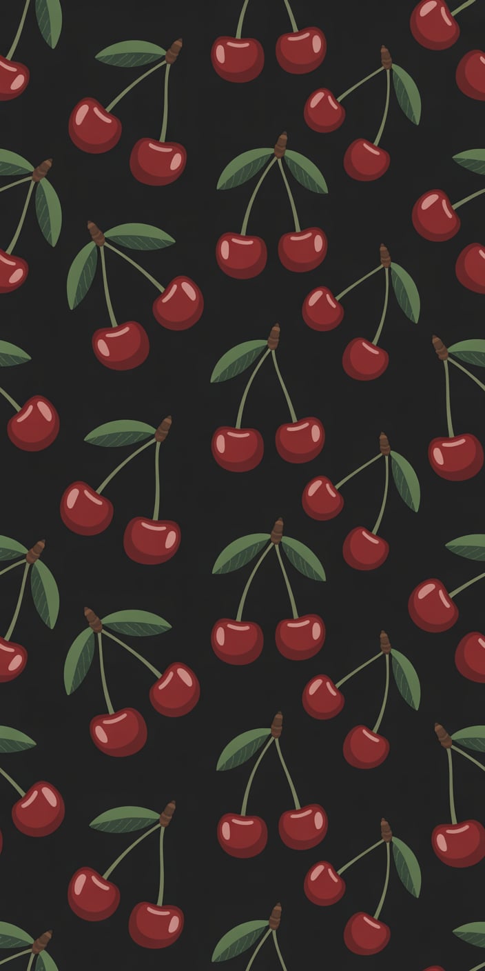 This wallpaper features a scattered cherry pattern with green stems and leaves on a deep black background. The simplicity of the red cherries against the dark canvas gives it a chic, minimal vibe that suits the cherry home screen wallpaper or cherry background iPhone wallpaper categories. It’s a stylish pick for anyone looking for fruity flair in a modern format.