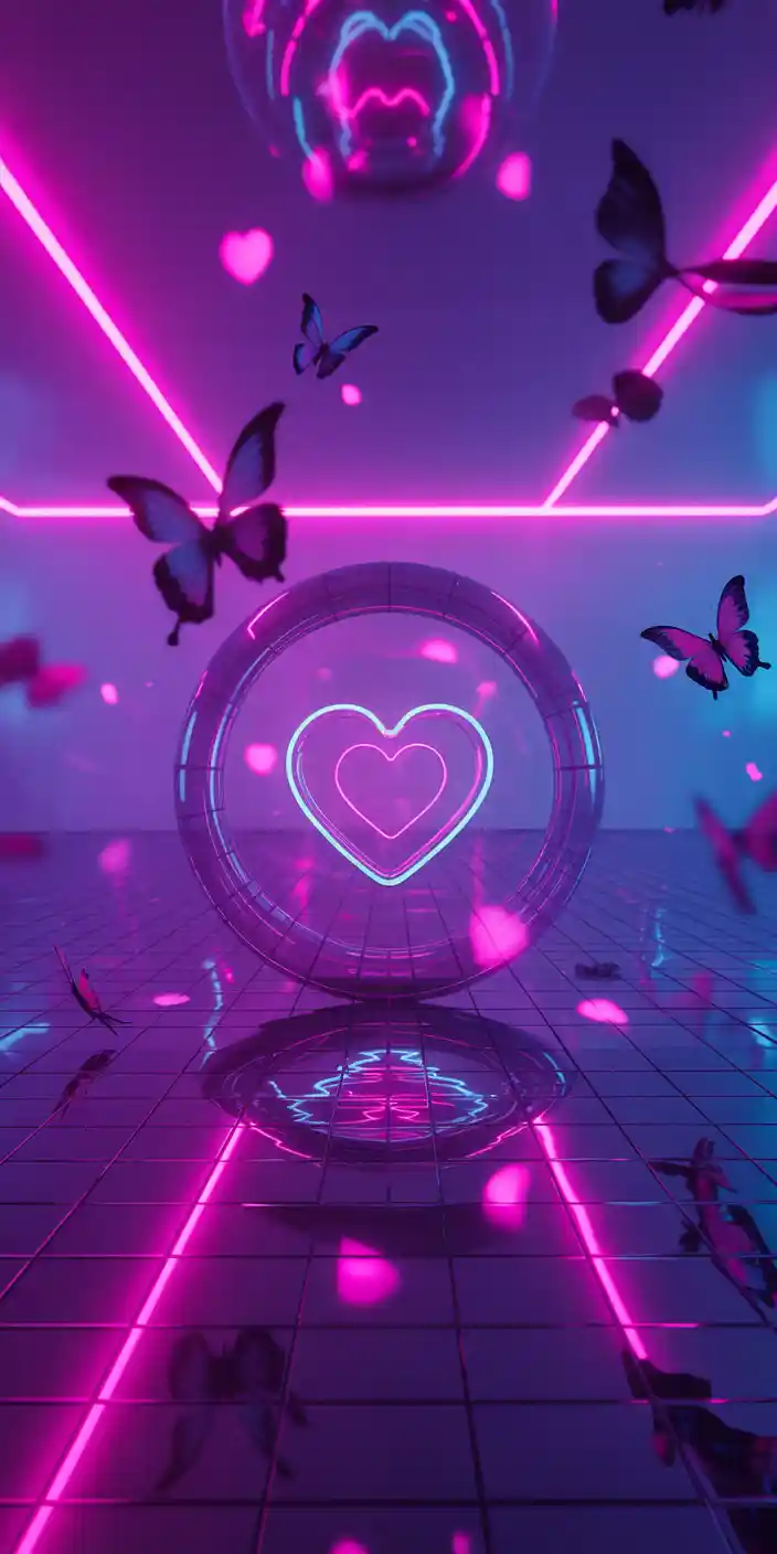 A dazzling neon heart glows inside a futuristic room filled with pink laser lines and fluttering butterflies. The digital reflections and vibrant motion of the butterflies make it a dynamic choice for fans of Pink Butterfly Wallpaper and Wallpaper Fantasy. With a vibrant, tech-inspired vibe and glowing elements, this iPhone wallpaper balances romance and modern style with dreamy pink and purple energy.