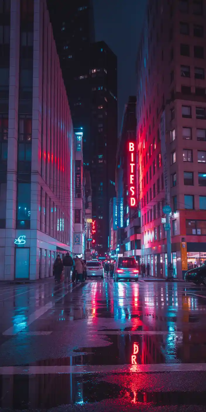 This vibrant cityscape wallpaper captures a rainy night in a glowing urban street filled with neon pink and blue reflections. Lights bounce off wet pavement, creating a cinematic, cyber-aesthetic atmosphere. Ideal for fans of Pink Aesthetic Wallpaper Backgrounds and Cool Pink Wallpaper Iphone, this scene gives your phone a bold and stylish edge. Bring the electric mood of nightlife to your smartphone with this striking design.