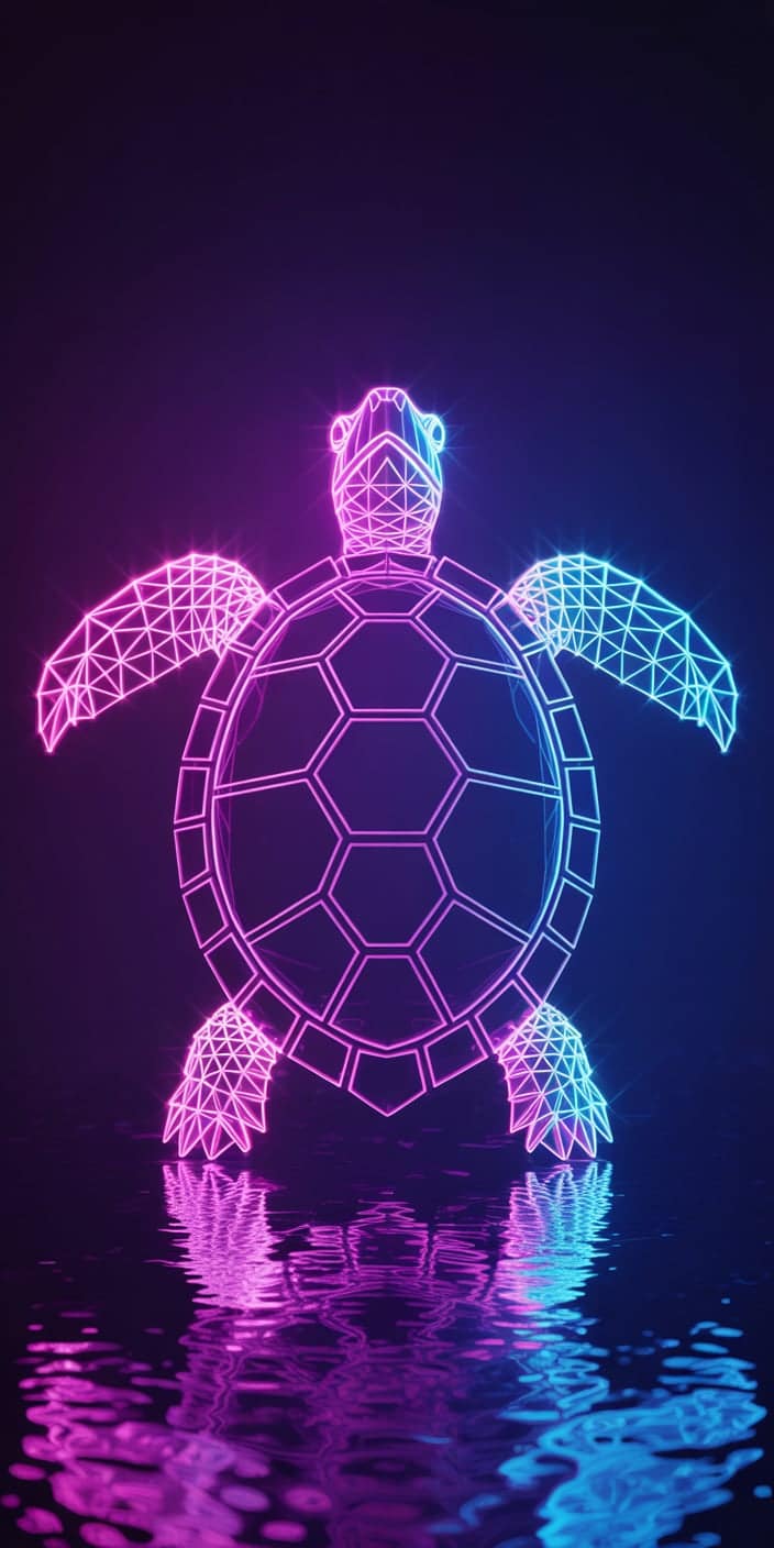A radiant neon turtle glows in purple and blue hues, floating above a reflective water surface in this high-energy digital design. The symmetry and lighting give it a polished, electric feel that pairs well with turtle collage wallpaper and wallpaper iPhone summer themes. Ideal for those who want something eye-catching and edgy on their smartphone screen. Great for both iPhone and Samsung users craving bold color and futuristic flair.