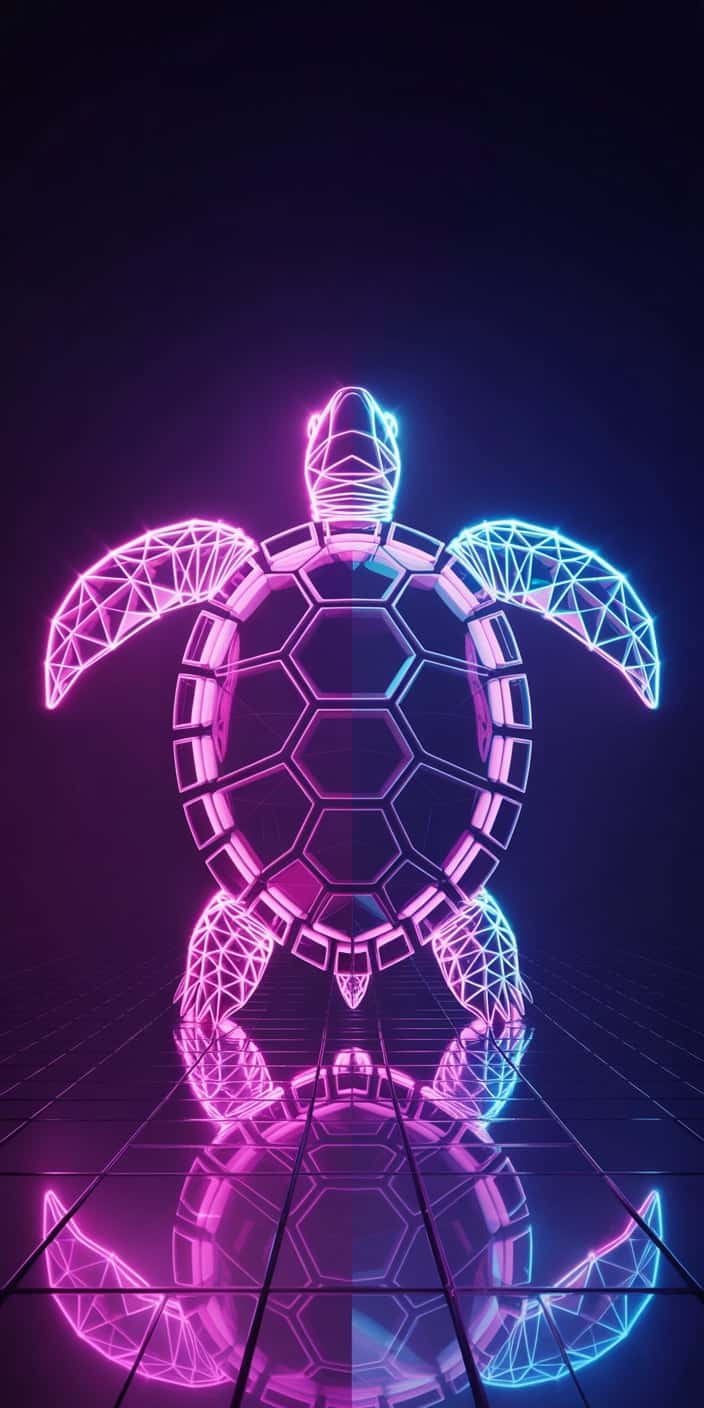 This futuristic wallpaper features a glowing turtle made from neon wireframes in pink and blue, set against a sleek black backdrop. The turtle’s mirrored reflection on a glossy grid floor adds a bold, high-tech edge to the design. Perfect for fans of cute turtle wallpaper laptop and those who love unique, electric visuals on their smartphone. This is a standout choice for iPhone users looking for something bold and tech-inspired.