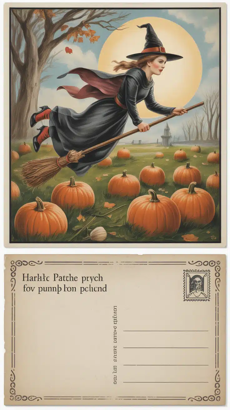 A vintage Halloween postcard illustration features a witch flying on a broomstick across a pumpkin patch under a full moon. The art style and muted tones create a classic, nostalgic Halloween look, blending perfectly with Halloween wallpaper vintage and vintage Halloween phone wallpaper aesthetics. This postcard-style design is ideal for users who appreciate historical Halloween motifs and timeless spooky scenes.