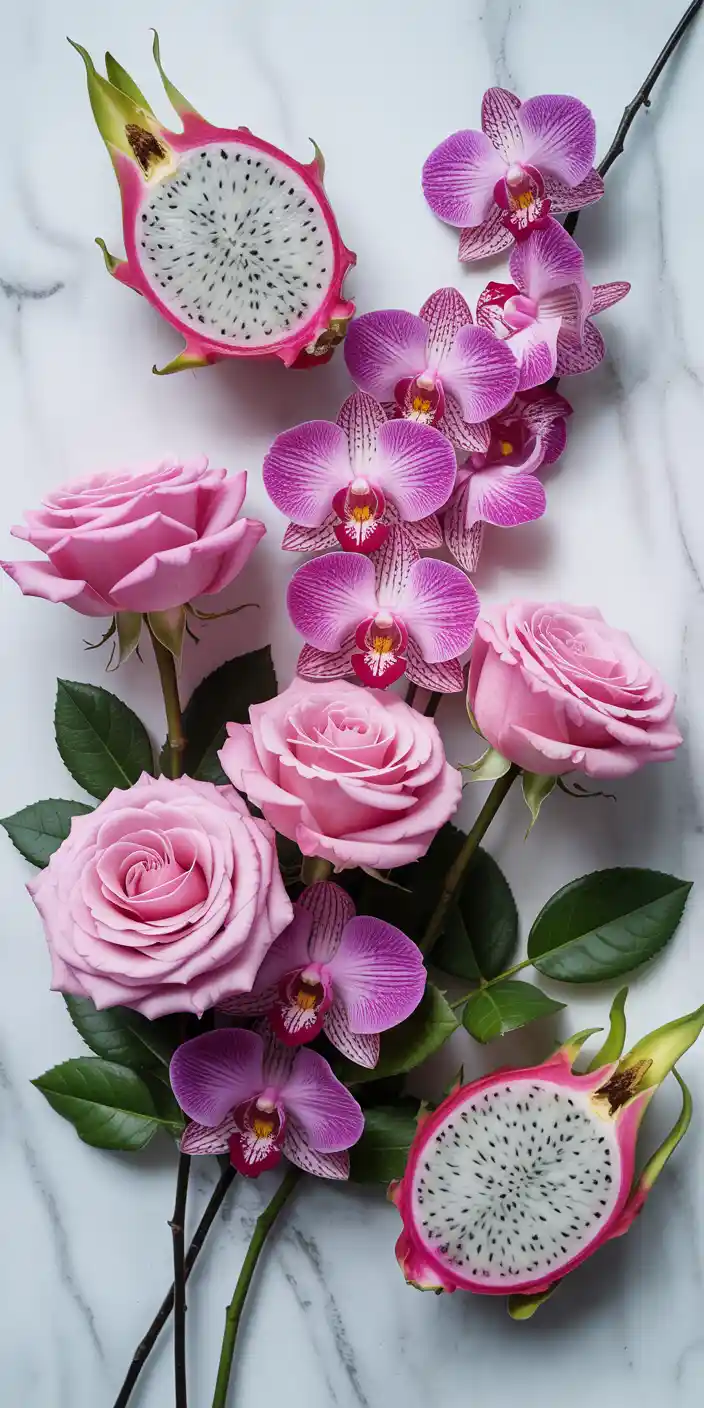 This elegant flat lay features a combination of soft pink roses, vibrant purple orchids, and sliced dragonfruit arranged against a clean marble background. The fresh and floral tones pair beautifully with the natural textures, making this an ideal pick for fans of Beautiful Girly Wallpapers and Pink Aesthetic Wallpaper Backgrounds. The blend of florals and fruit adds a luxurious, tropical touch to any iPhone screen with its aesthetic composition.