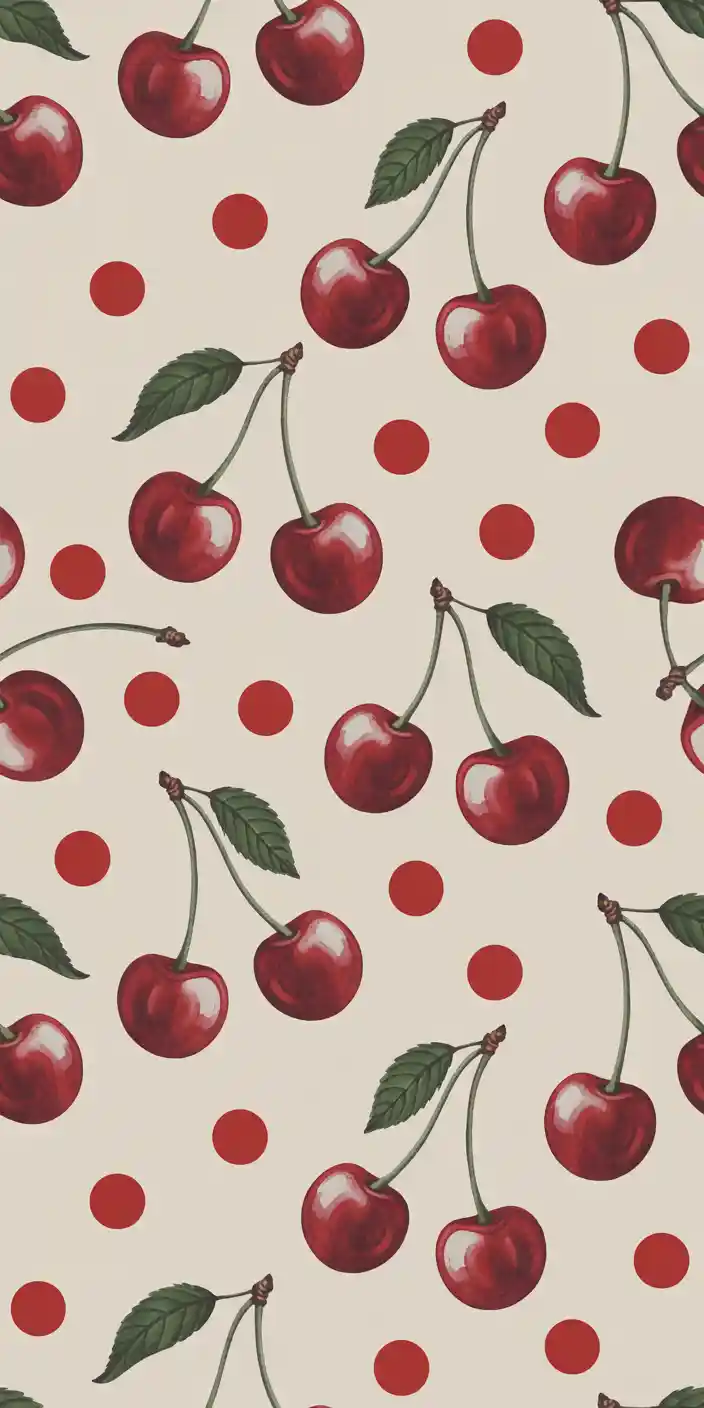 A fun and vintage-style cherry pattern with hand-painted cherries and red dots on a beige background. The nostalgic design makes for a delightful cherry print background that feels playful and retro. This wallpaper is perfect for anyone wanting a charming cherries wallpaper that looks great as both a lockscreen and home screen on iPhone devices.