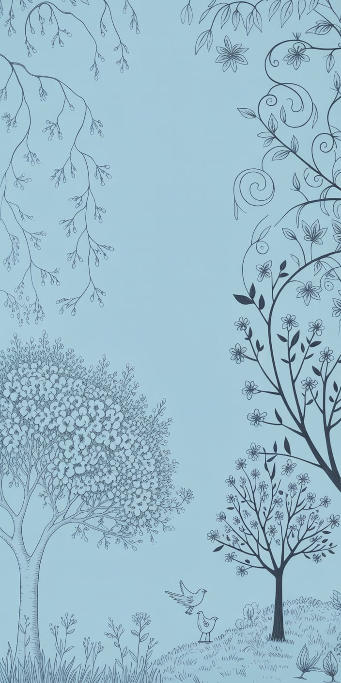 A soft pastel blue background adorned with whimsical floral and tree illustrations in a sketch style creates a playful yet elegant design. This artistic and feminine blue pastel wallpaper aesthetic is perfect for spring and adds a creative twist to your iPhone's home or lock screen. With its charming minimalism, it's a go-to for lovers of flowers widget aesthetic or cute, seasonal art.