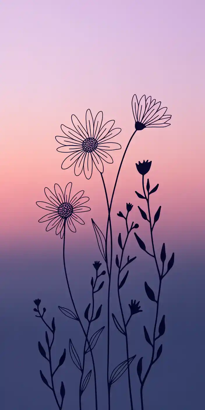 A minimalistic line-art daisy design rises over a soft pink and purple gradient background, evoking calm and beauty. This elegant and artistic wallpaper is ideal for fans of Pink Background Wallpapers Iphone and Beautiful Girly Wallpapers, combining clean illustration with a dreamy sunset palette. Its modern floral elements create a peaceful and aesthetically pleasing look perfect for iPhones.