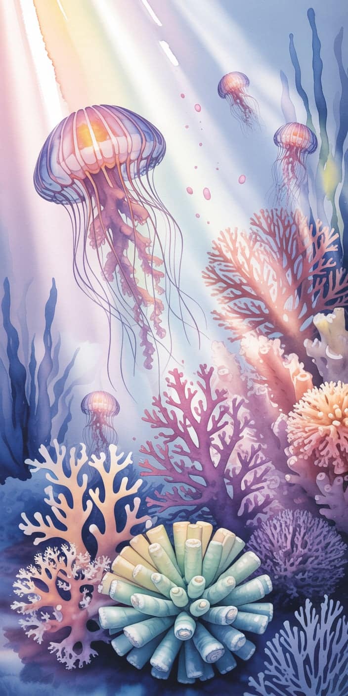 This soft watercolor wallpaper features drifting jellyfish above pastel coral formations in hues of peach, lavender, mint, and blush. Gentle sunbeams filter through the ocean, enhancing the dreamy atmosphere. A perfect match for those who love watercolor wallpaper phone and peach wallpaper iPhone styles, this illustration adds a whimsical and calming touch to your mobile background.