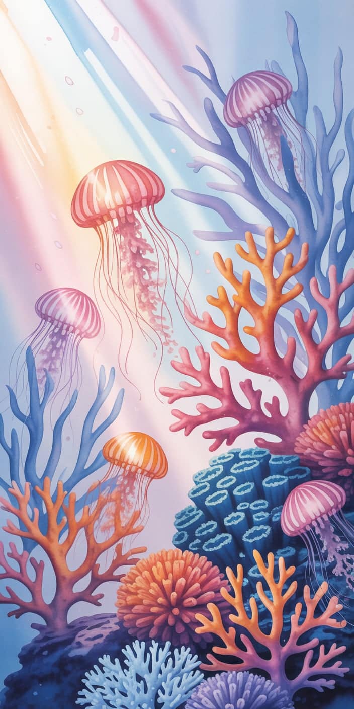 A stunning illustrated wallpaper featuring multiple jellyfish floating above a colorful coral reef. Shades of coral pink, ocean blue, and soft lavender give this artwork a fresh summer aesthetic. Great for users looking for coral aesthetic wallpaper or summer prints wallpaper, this design adds a cheerful and dreamy energy to any phone screen.