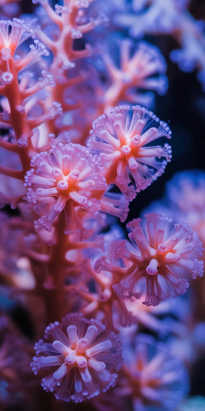 This stunning macro wallpaper highlights pink and purple coral polyps in high detail, with soft lighting that emphasizes their translucent texture. Perfect for fans of coral pink aesthetic wallpaper and watercolor wallpaper iPhone, the image brings vibrant marine beauty and intricate organic shapes to your screen. It’s an elegant visual that celebrates sea life up close.