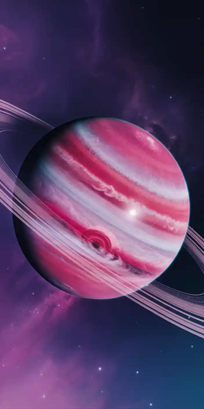 A mesmerizing pink gas giant with rings floats in deep space, surrounded by soft purple nebula clouds and tiny stars. This fantasy-style planet design is ideal for lovers of Wallpaper Galaxy and Pink Universe aesthetics. The vivid pink stripes and sleek orbit rings give it a surreal, sci-fi-inspired look perfect for your iPhone or Samsung wallpaper. Let your screen explore the cosmos with this celestial stunner.