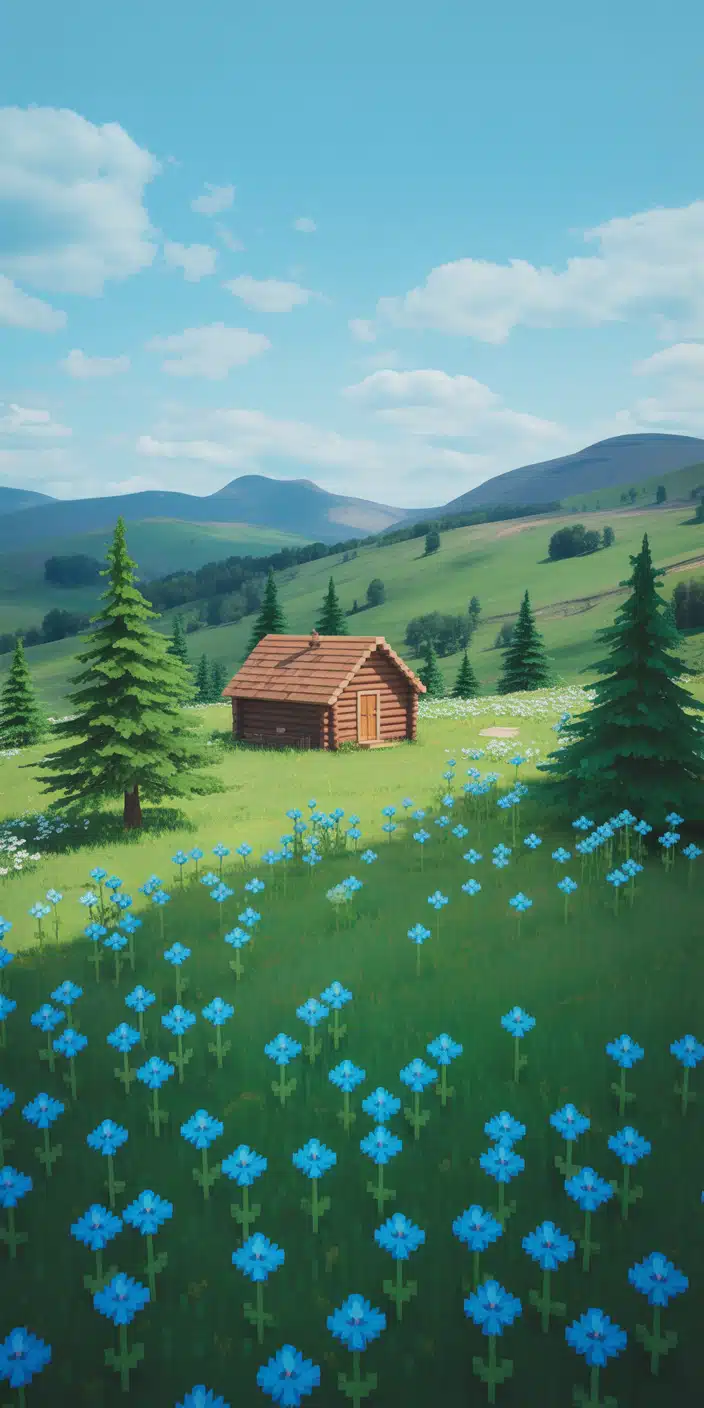 A playful, pixel-inspired meadow scene filled with blue flowers, a wooden cabin, and gentle rolling hills under a clear sky. This artistic, game-style take on spring is bright, fun, and full of personality—ideal for fans of cute floral iPhone wallpaper and light blue coquette wallpaper with a whimsical twist. A charming pick for anyone seeking something bold and unique this season.