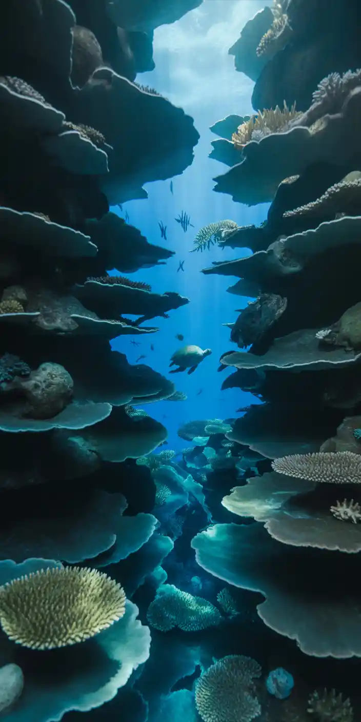 A majestic reef scene unfolds with layers of plate coral stretching into the blue distance, where fish and turtles roam peacefully. The stacked coral formations in muted greens and soft blues create a hypnotic sense of depth. This wallpaper is ideal for those drawn to coral wallpaper aesthetic or watercolor wallpaper phone designs. It’s both serene and intricately detailed for iPhones and Samsung devices.
